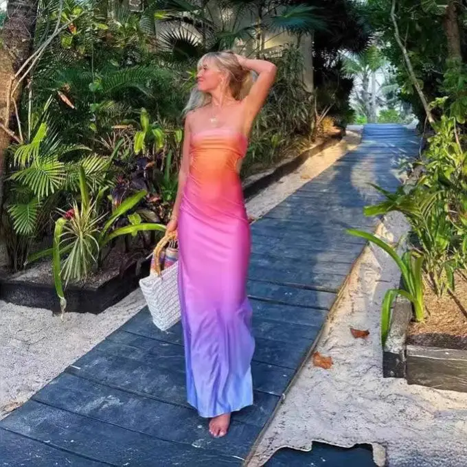 

Adient Printed Strapl Long Dr Sexy Sle mid Waist No Sve Polyester Fiber Busin Casual Summer Dr