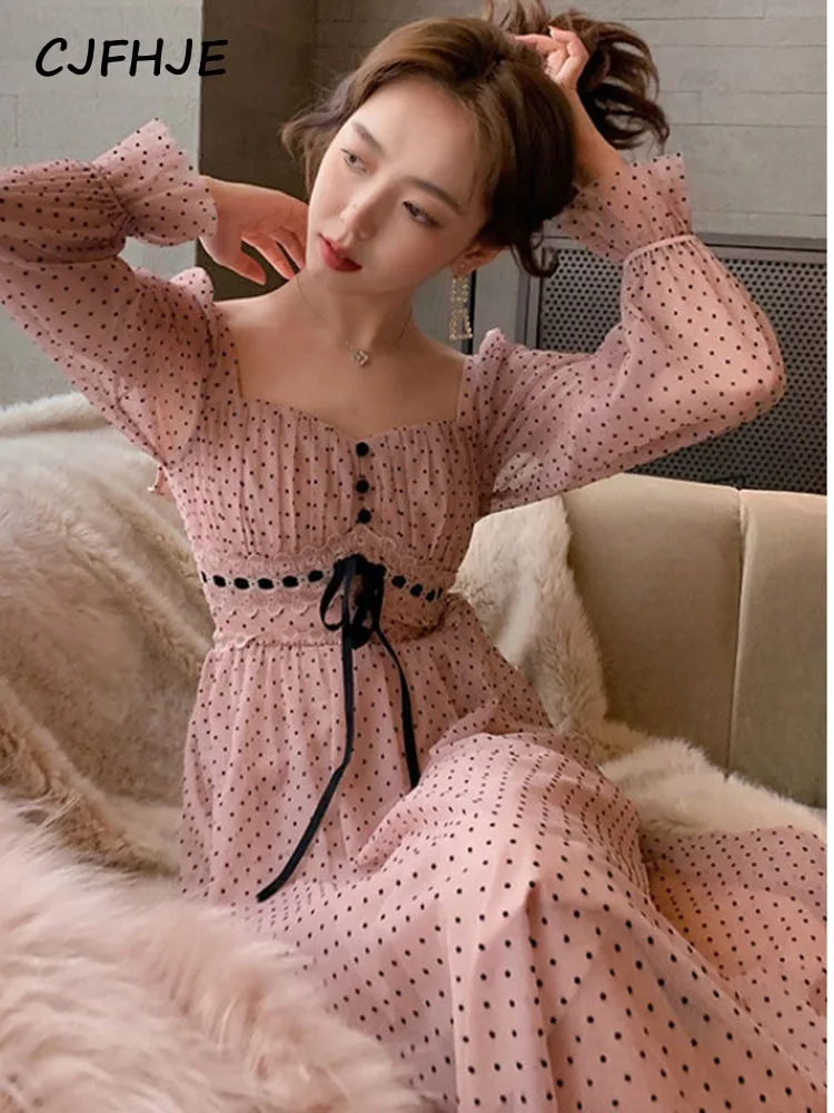 French Vintage Midi Dress Women Puffer Sleeve Square Collor Office Elegant Dress Female Autumn Dot One Piece Dress Korean