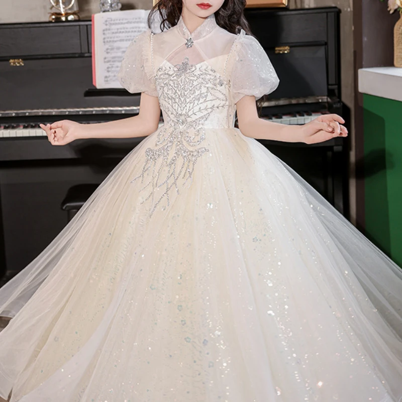 Customized Fashion High End Chinese Style O-neck Short Sleeve Ball Gown Exquisite Flower Appliques A-line Vestidos Simple Korean