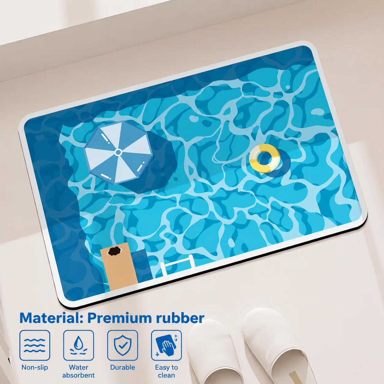 New Non-slip Rubber Sole Bath Mat Quick Drying Soft Polyester Bath Mat Hand Wash Only Cartoon Pool Print Home and Bathroom