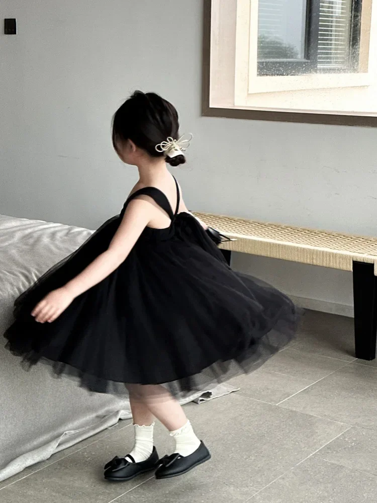 Girls Camisole Dress New Summer Korean Black Elegance Temperament Gauze Princess Dress Trend Children Clothing