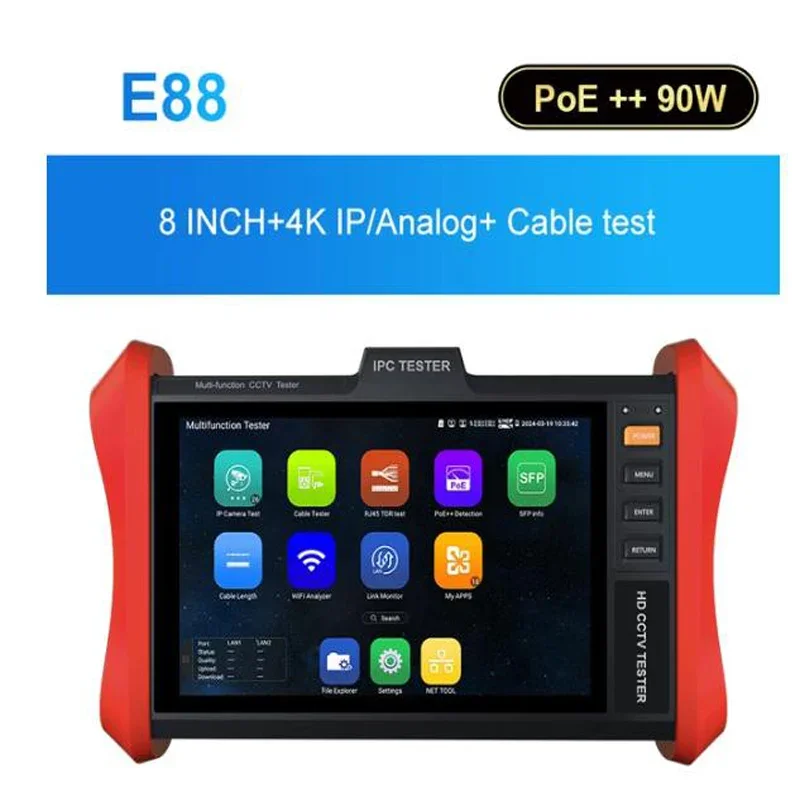 

8-дюймовый сенсорный экран IPS E88 E89 POE 90W SFP 4K H.265 IP-камера Тестер видеонаблюдения RJ45 тестер сетевых кабелей POE 90W SFP 4K H.265 IP-камера