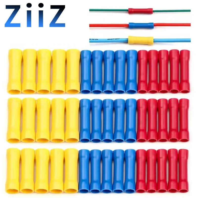 100/10Pcs Assorted Butt Connector Insulated Crimp Terminals Electrical Cable Wire Connectors BV1.25 BV2.5 BV5.5 Car Accessories