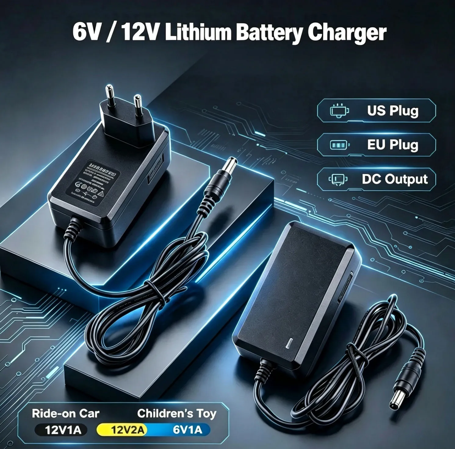 EU US Plug 12V1A 2A Battery Charger Ride on Toys Car Power Adapter 6V1A Children's Electric Car Charger with Light Prompt