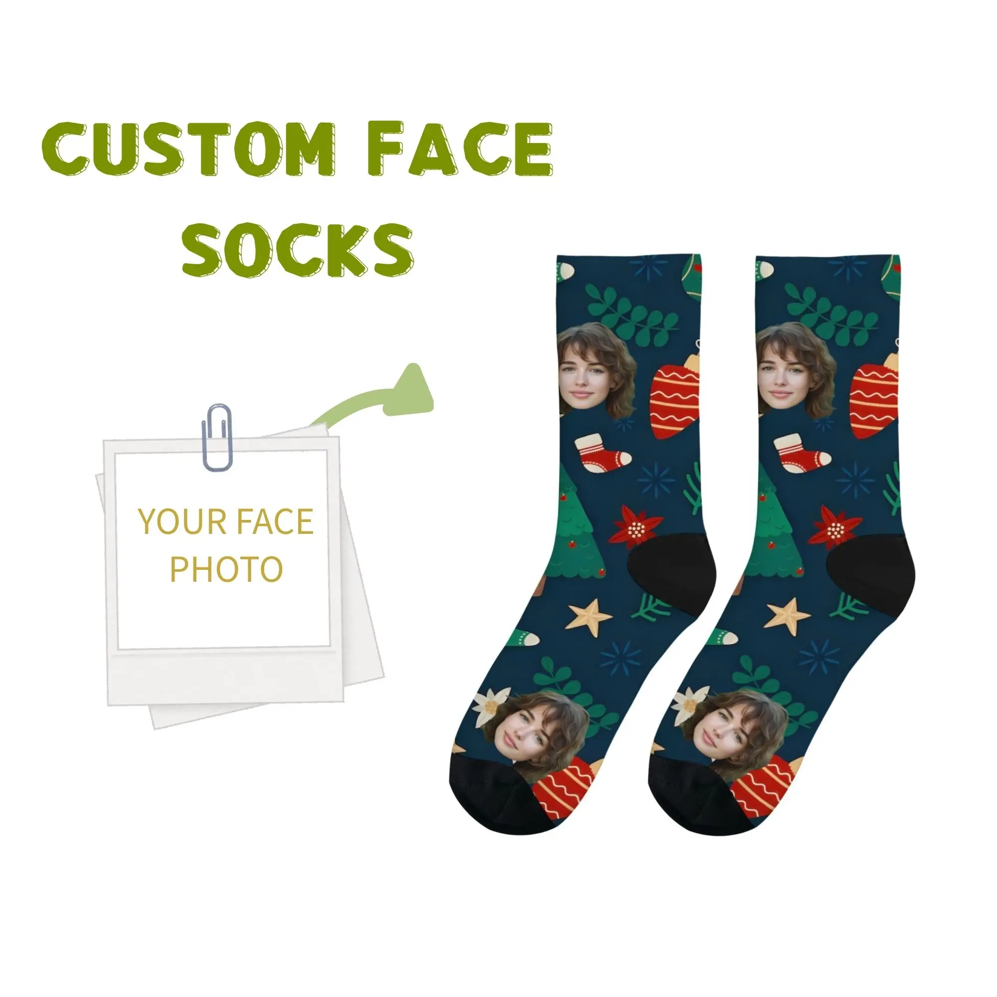 Personalized Christmas Gift Socks Custom Face & Christmas Elements Tree Socks Ornaments on Dark Blue Unique Present for Family