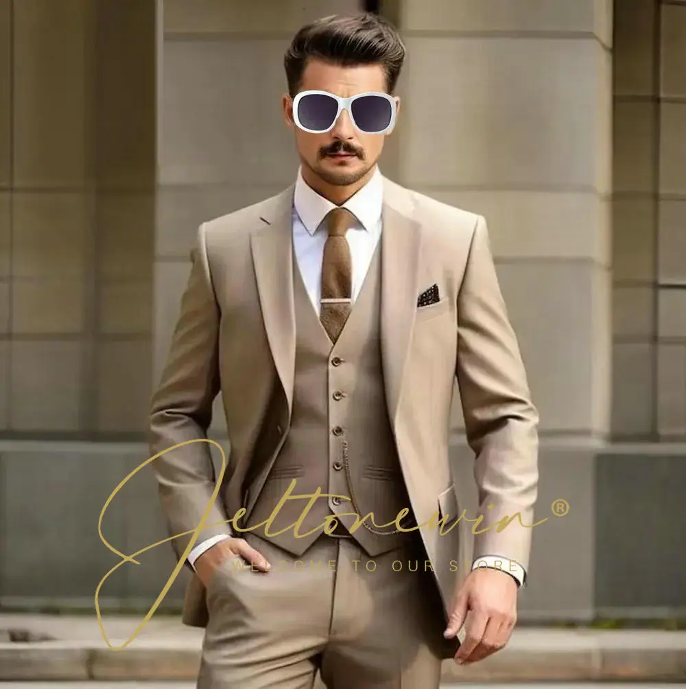 

Casual Beige Men's 3 Pieces Suits Slim Fit Wedding Tuxedo Notched Lapel Formal Party Groomsmen Suit Set Blazer Vest Pants
