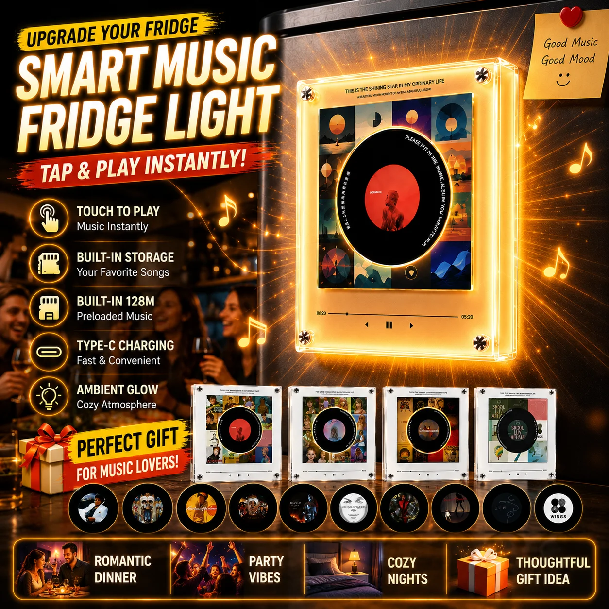 Touch Activated Music Fridge Magnet Light Portable Mini Vinyl Style Music Player LED Warm Night Lamp Wall Fridge Decor Light
