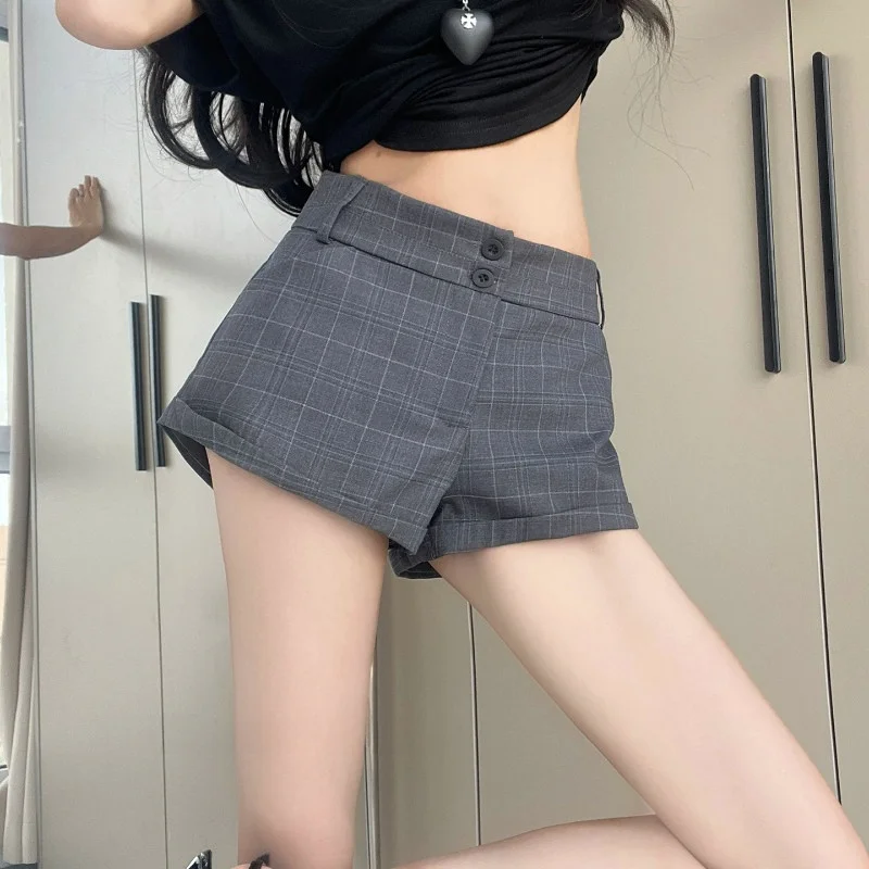 Black Stripe Suit Shorts Women Summer Thin High Waist Slimming Casual Small Size Wide Leg Pants Low Waist Checkered Pattern