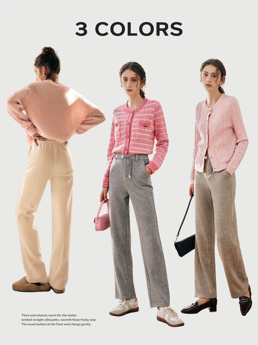 OLrain Woman Slim Fit Knit Pants Casual Winter 2025 Tassel Button Straight Trousers Sporty High Waist Long Lady Pants O57QK65655