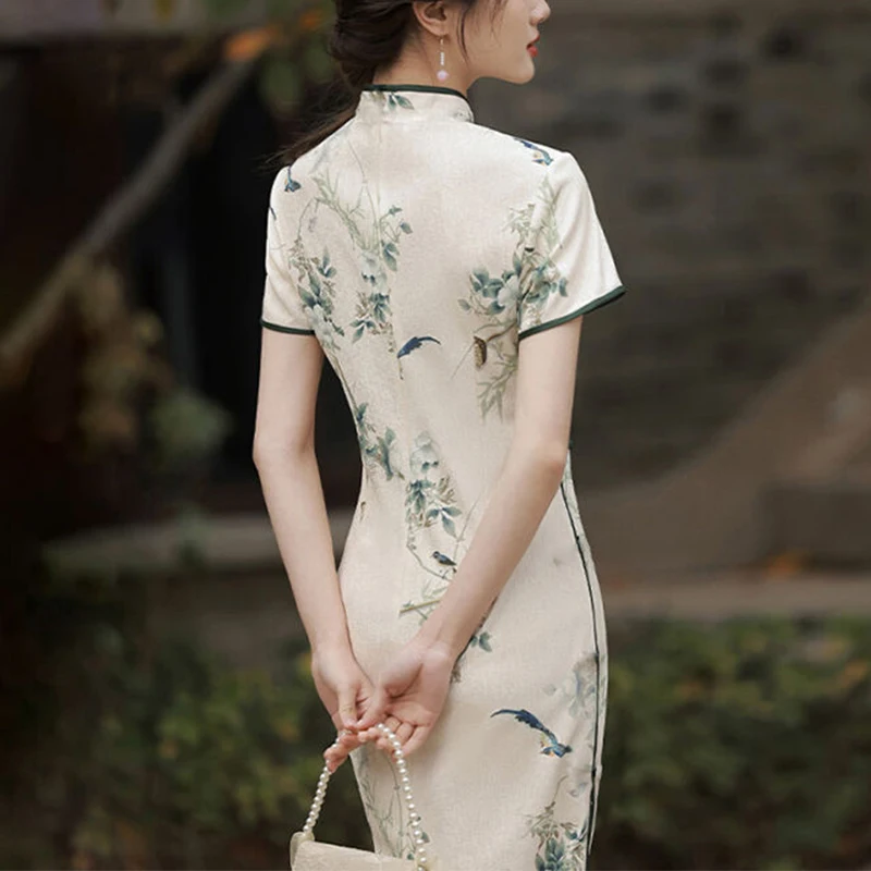 Summer New Elegant Fashion Chinese Style Vintage Bodycon Dress Ladies Short Sleeve Temperament Frog Cheongsam Women Robe Vestido