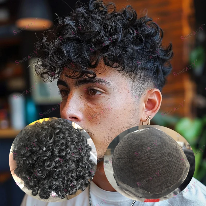 

Дышащий кружевной топ, необнаружимый, 18 мм, вьющийся, черный, мужской, система человеческих волос, протез, супер прочный моно Q6, кружевная основа, мужской парик