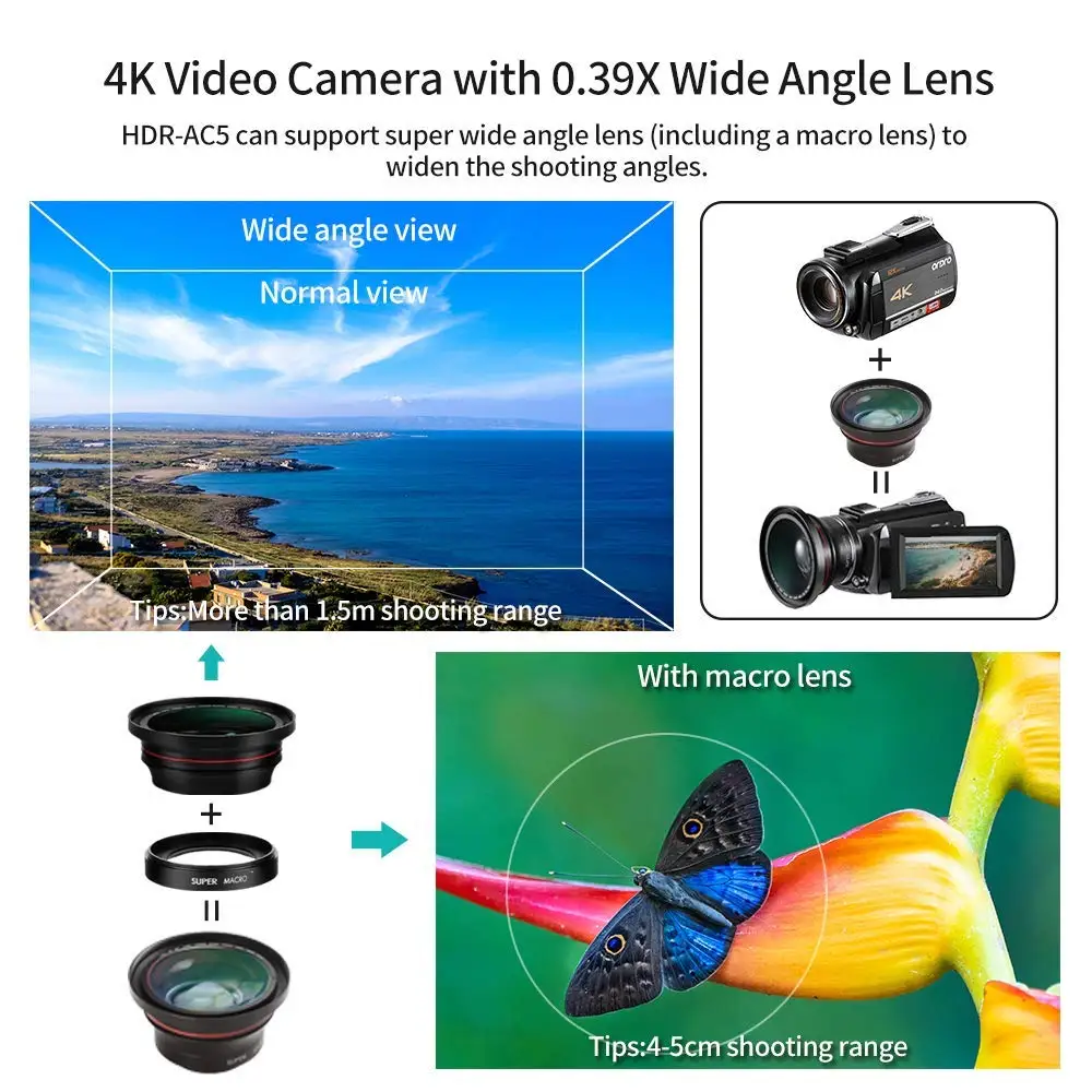 4K Video Camera Live Stream ORDRO AC5 Professional YouTube Vlog Camcorder Filmadora Camara de 12X Optical Zoom with LED Light