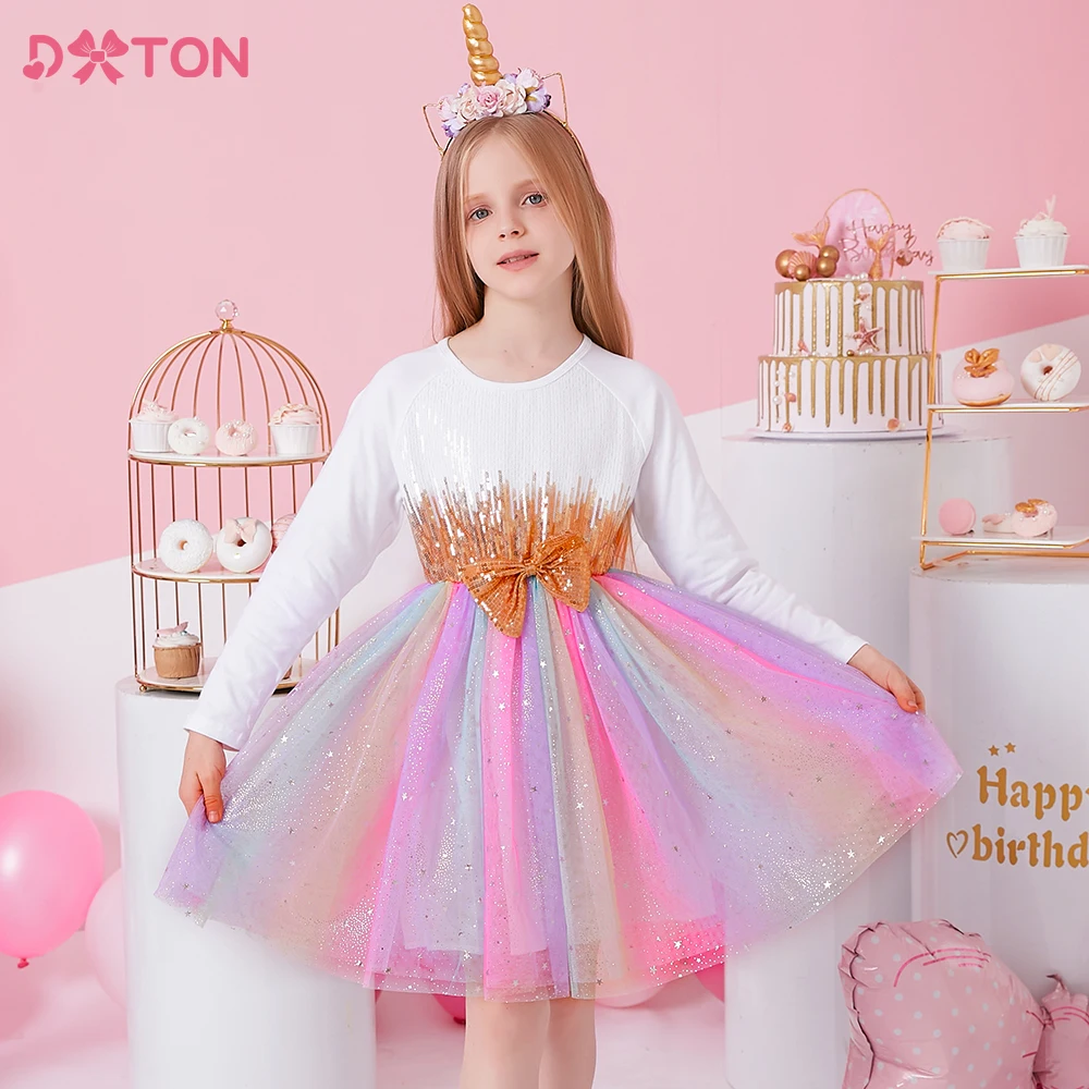 DXTON Girls Princess Dress Kids Bow Knot Birthday Party Performance Evening Prom Gown Long Sleeve Autumn Spring Elegant Dresses