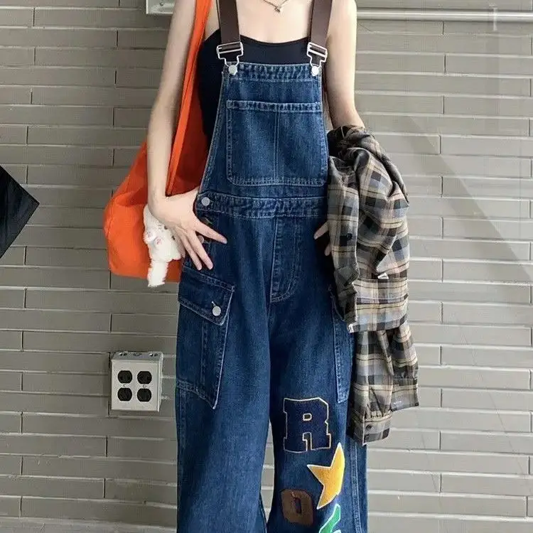 

Enim Braces Trousers Multiple Pockets Letter Wide Leg Women Large Size Straight Y2k Fashion Streetwear Jeans Bib Overall