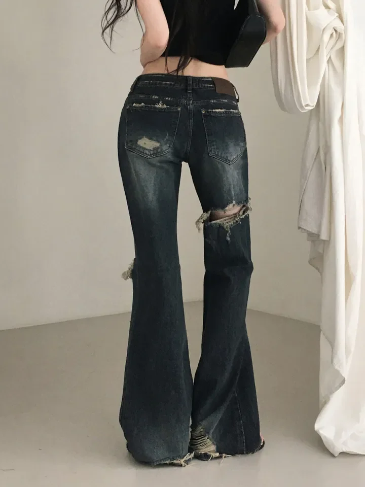 High Waist Micro Flare Denim Jeans Women's Vintage Faded Slimming White Washed Frayed American Casual Long Pants