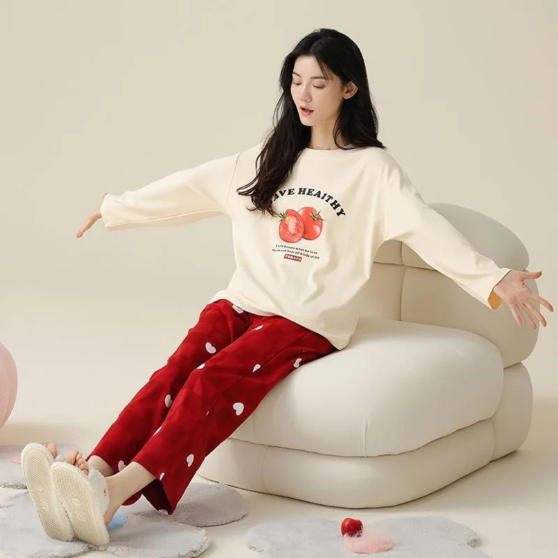 2024 New Lovely Cotton Pajamas Women Spring Autumn Long Sleeves Sleepwear Chest Pads Cotton Homewear Pullover Loose Loungewear