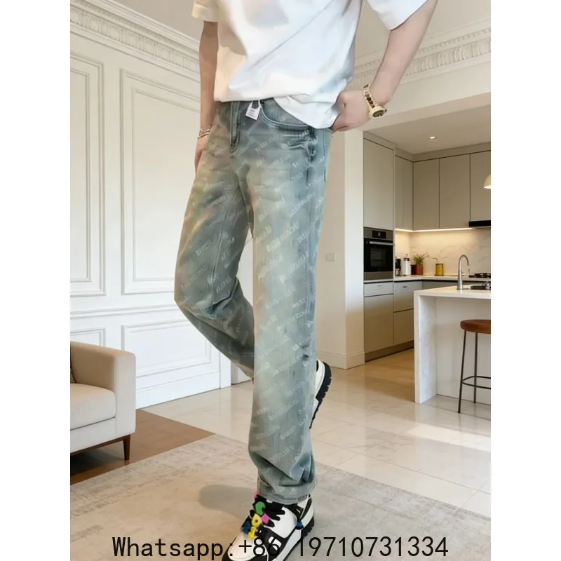 Men's jeans with niche design full-letter print, gradient washed texture, a must-have for trendy outfits