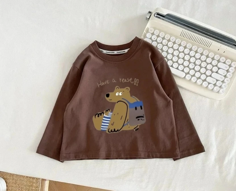 Small Toddler Leisure Bear Basic Long Sleeve Tops Kid Crew Neck Long Sleeve Tee Cute Backpack Bear Print Clothing Kid T-Shirts
