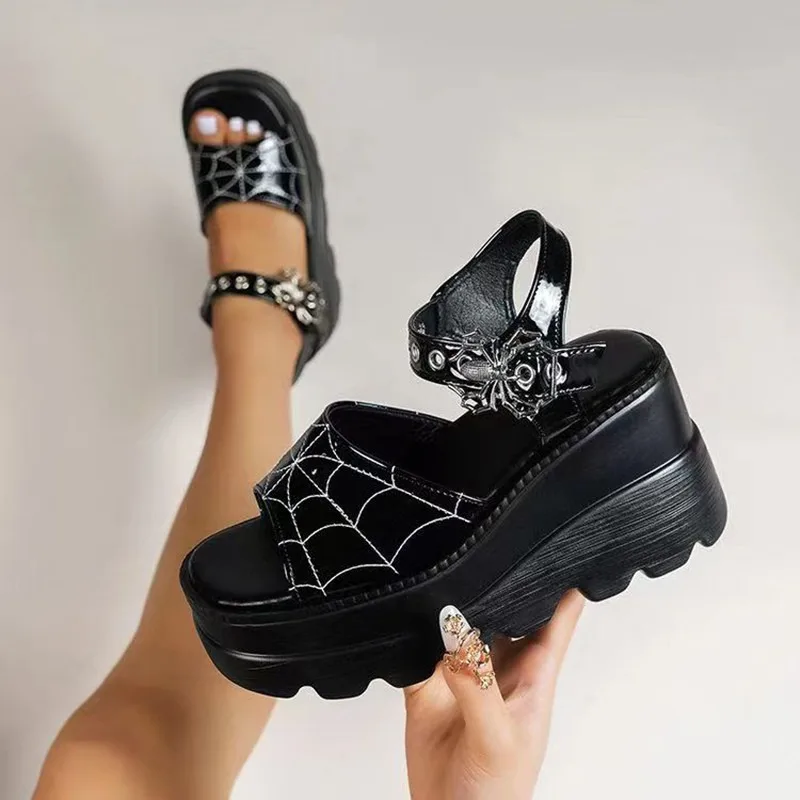 Summer Black Wedge Sandals Women Gothic Buckle Chunky Platform Sandales Women Punk Thick Bottom 9cm Heeled Sandalias Plus Size