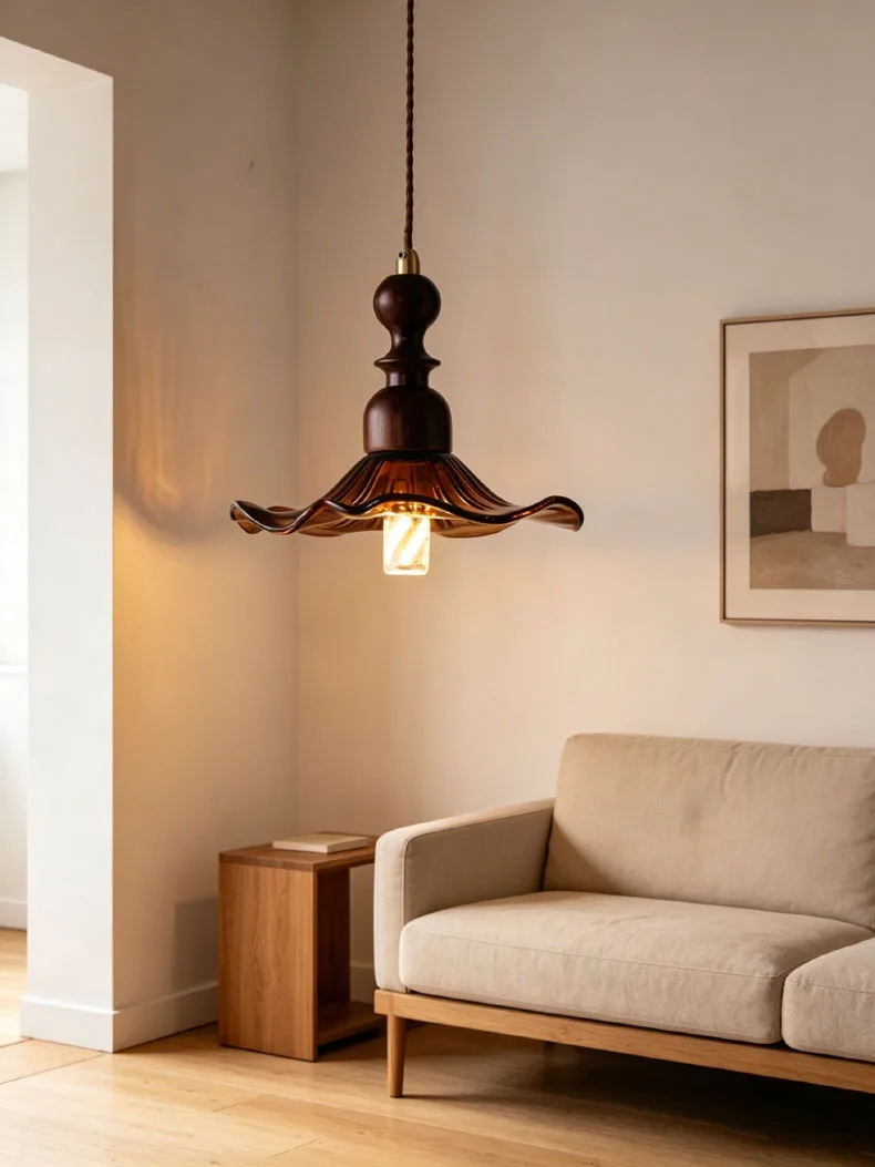 Glass Pendant Lamp Brown Wood