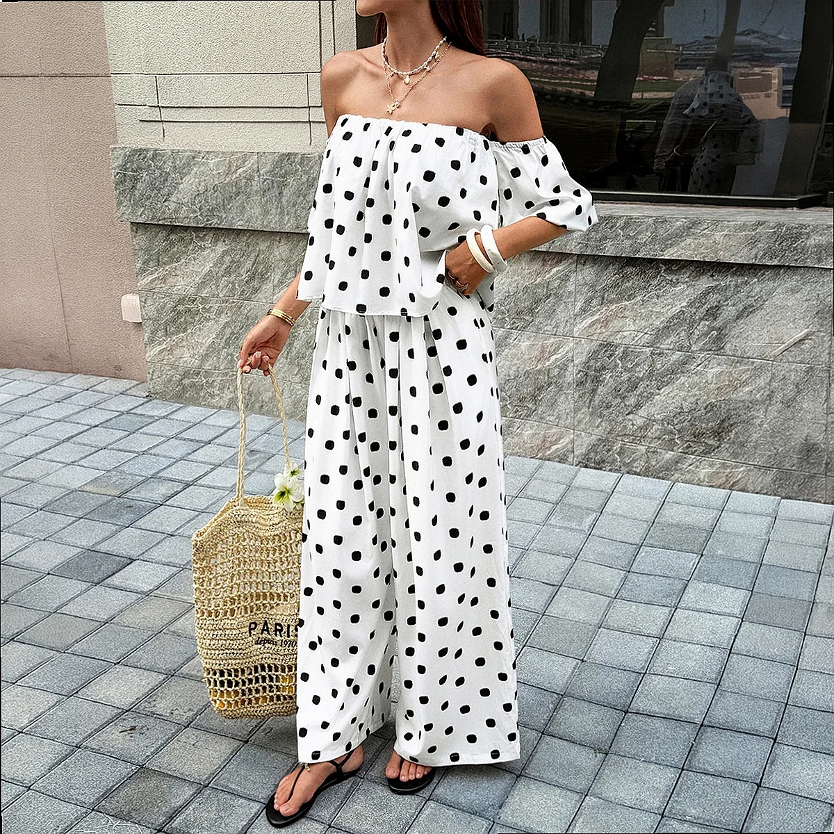 Women's Polka Dot Off Shoulder Matching Set Blouse Top Jumpsuit Playsuit Spring Summer