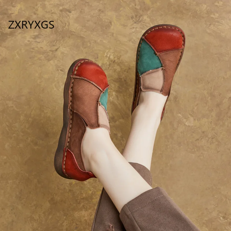 ZXRYXGS 2025 Spell Colors Splicing Top Cowhide Full Real Leather Shoes Flat Soft Thick Sole Non-slip Women's Travel Shoes Tide
