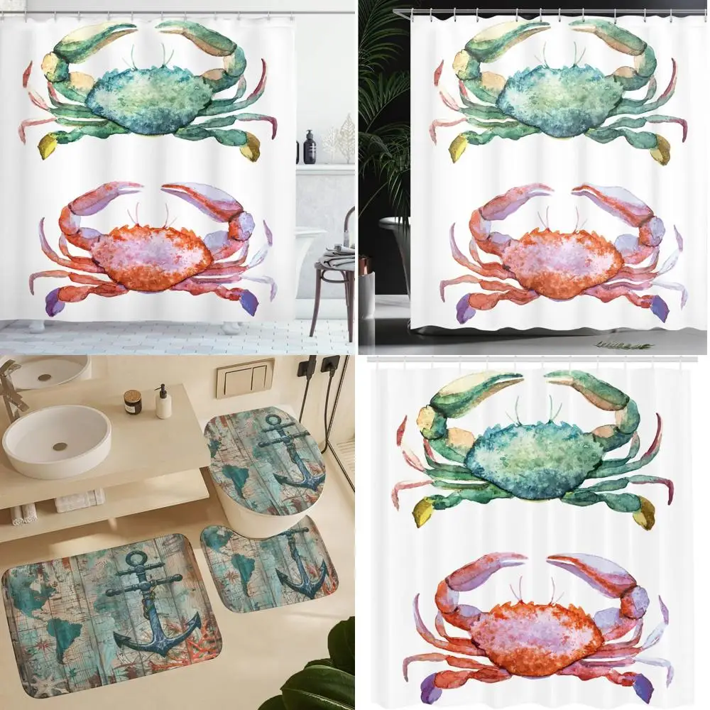 

занавеска для душа с акварельными крабами и морскими животными, тканевая художественная печать с иллюстрациями на тему океана