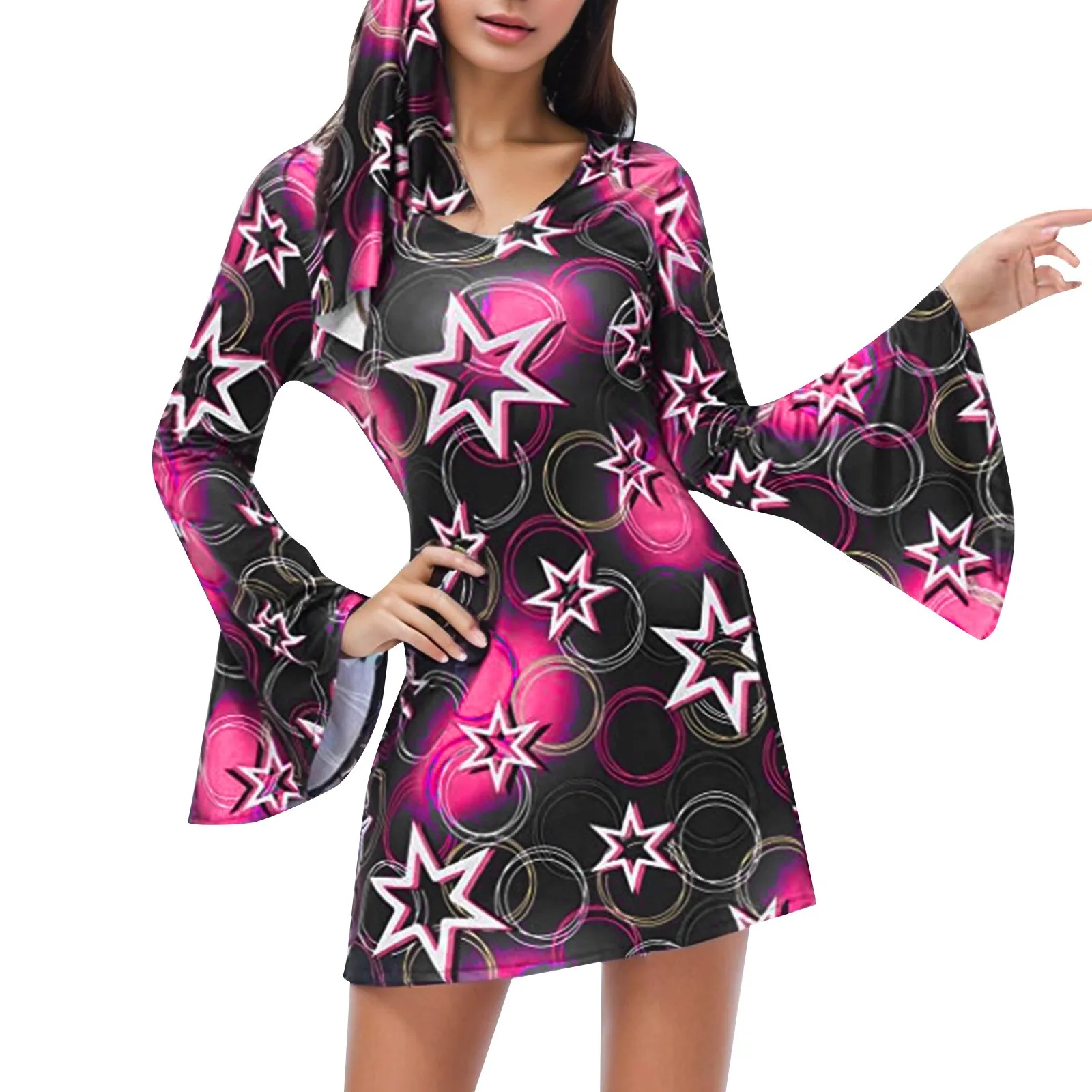 

Hippie Disco Dress For Women's 70s Printed Mini Dress Halloween Long Sleeve Round Neck Nightclub Party Wear Bodycon Dress 2024