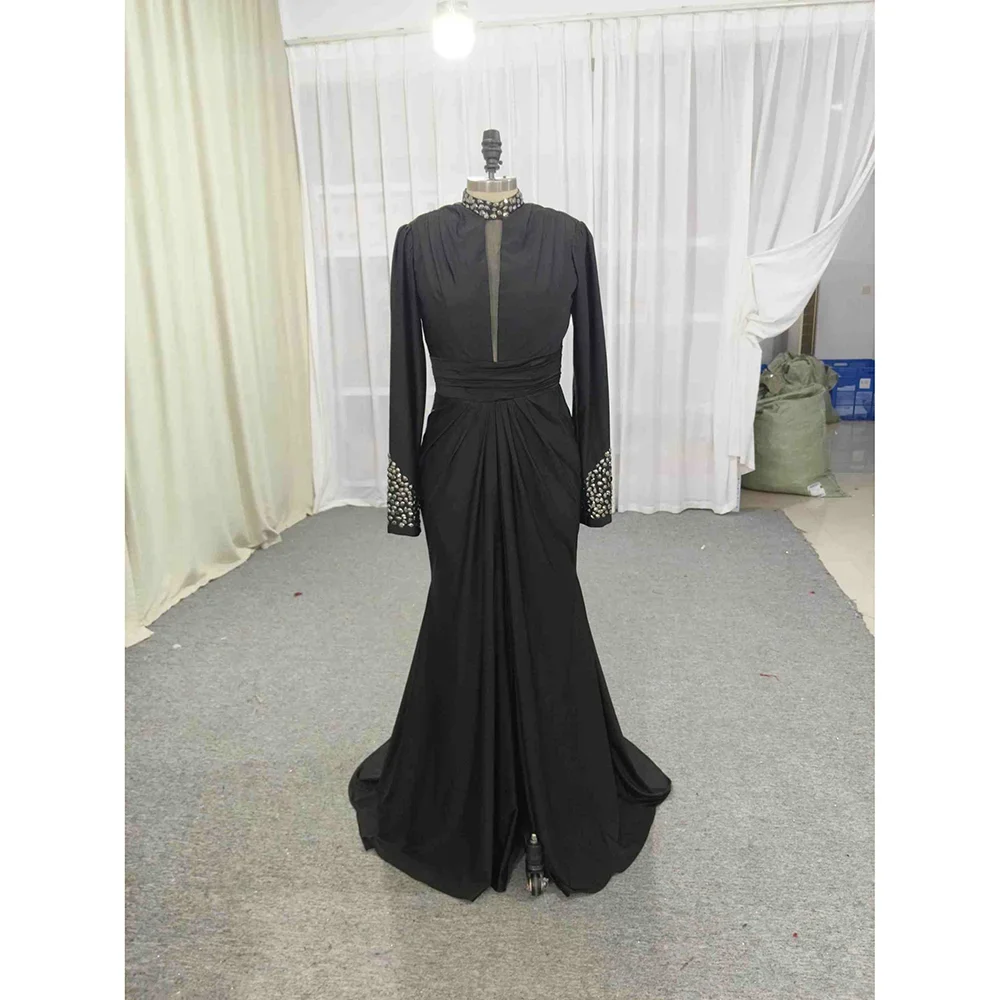 Customized Fashion Formal Chiffon Beading Sequined Pleat Draped A-line High Neck Long Dresses Evening Dresses Modern Style