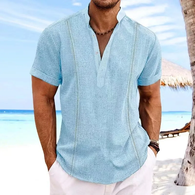 Men Solid Cotton Linen Henley Collar Shirt Hollow Stitch Short Sleeve Casual Beach Blouse