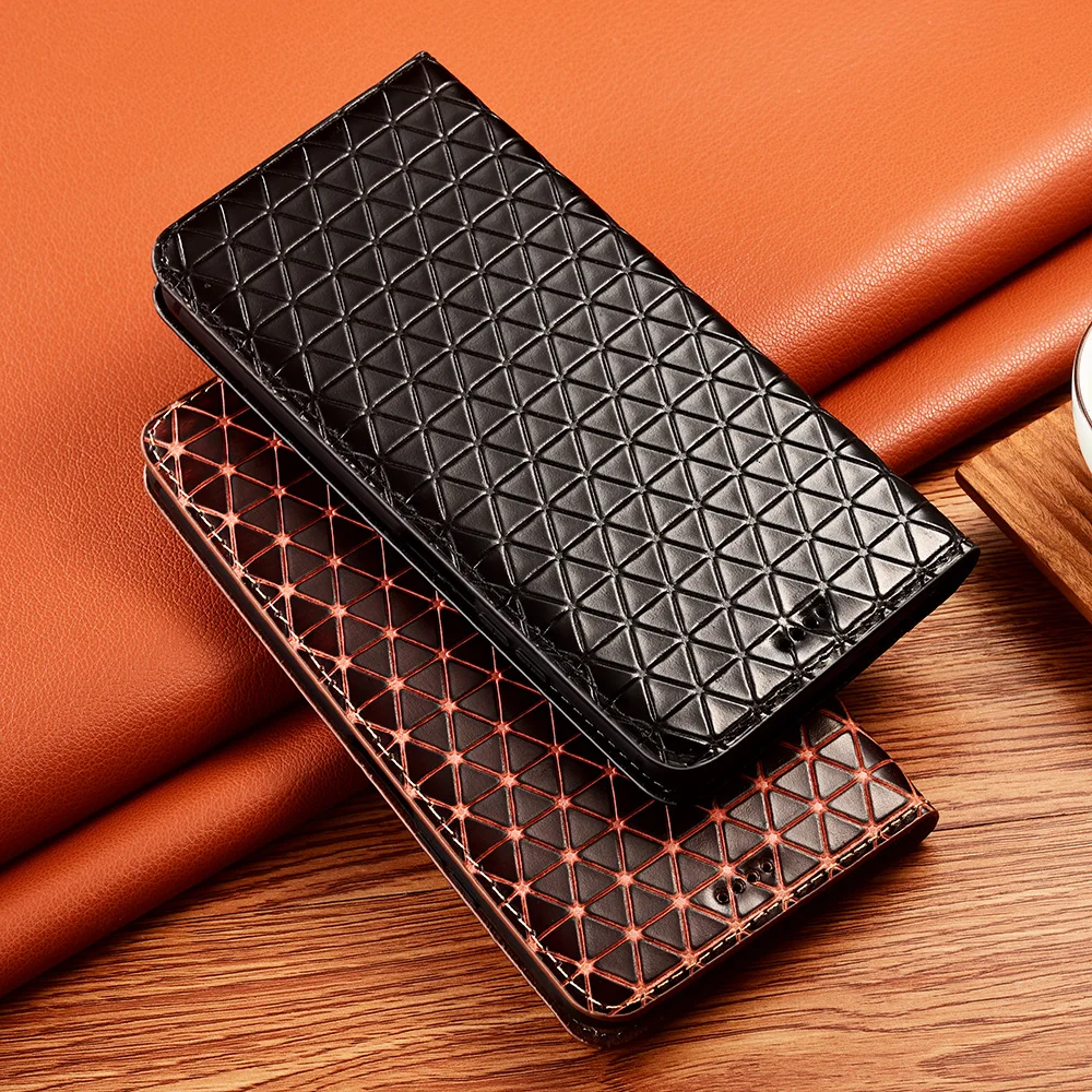 Grid Pattern Genuine Leather Magnetic Flip Case For Huawei Y5 Y6 Y7 Y9 Pro Prime 2018 2019 Y6S Y5P Y6P Y7P Y8P Y9S Wallet Cover