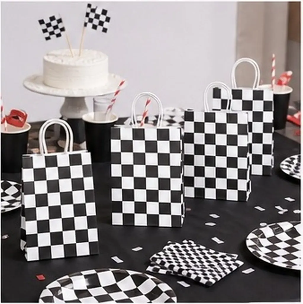 24Pcs Checkered Racing Treat Bags Black White Paper Goodie Bags Reusable with Handles for Race Car Party Favors Birthday