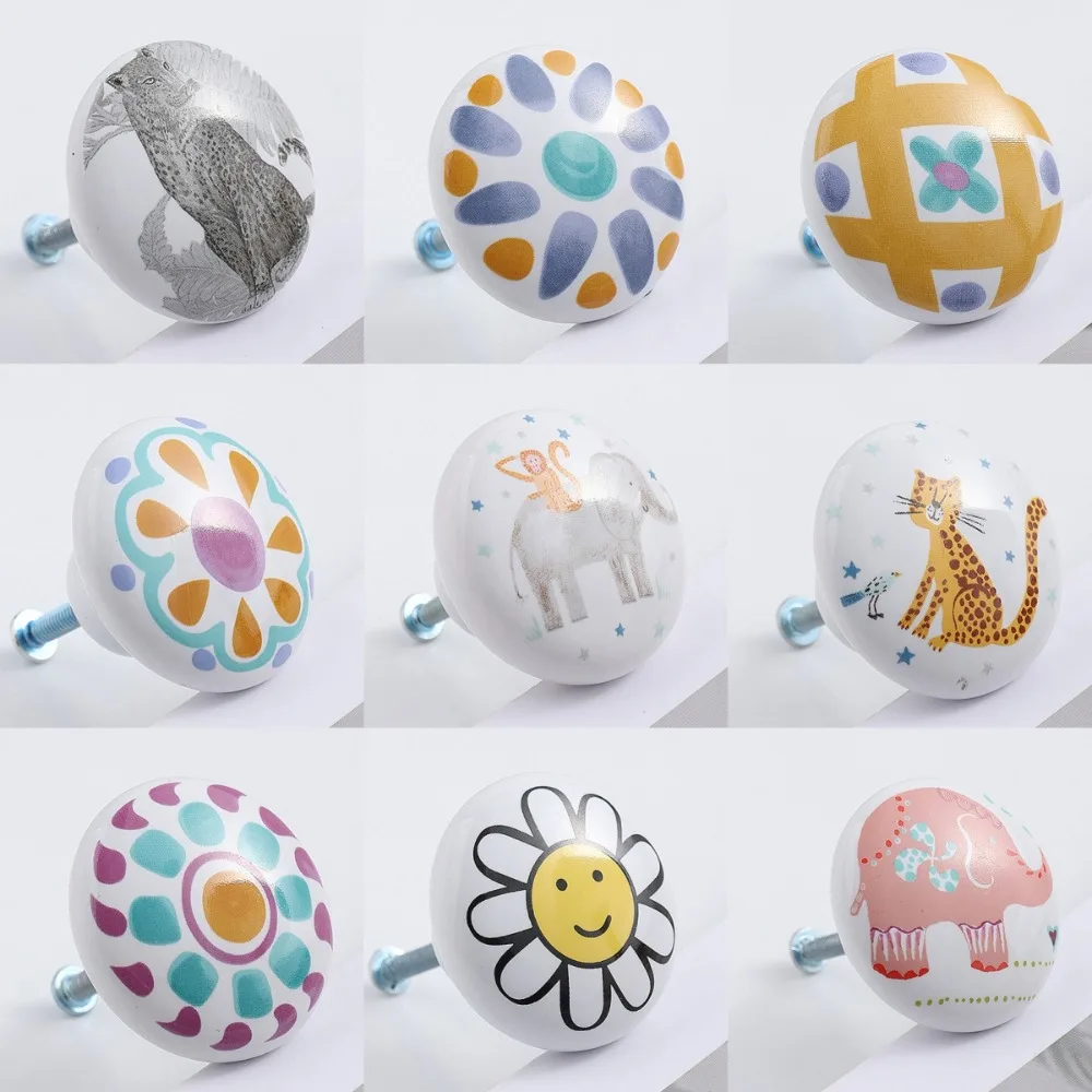 Maçanetas de cerâmica com parafuso para quarto, maçanetas de gaveta, gaveta, redondo, armário, animal, flores, roupeiro puxa