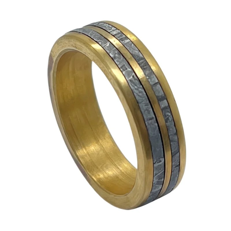 Muonionalusta Meteorite Wedding Ring 24k Gold Plated 7-8mm Handmade Customizable Carving Luxury Cosmic Band K45