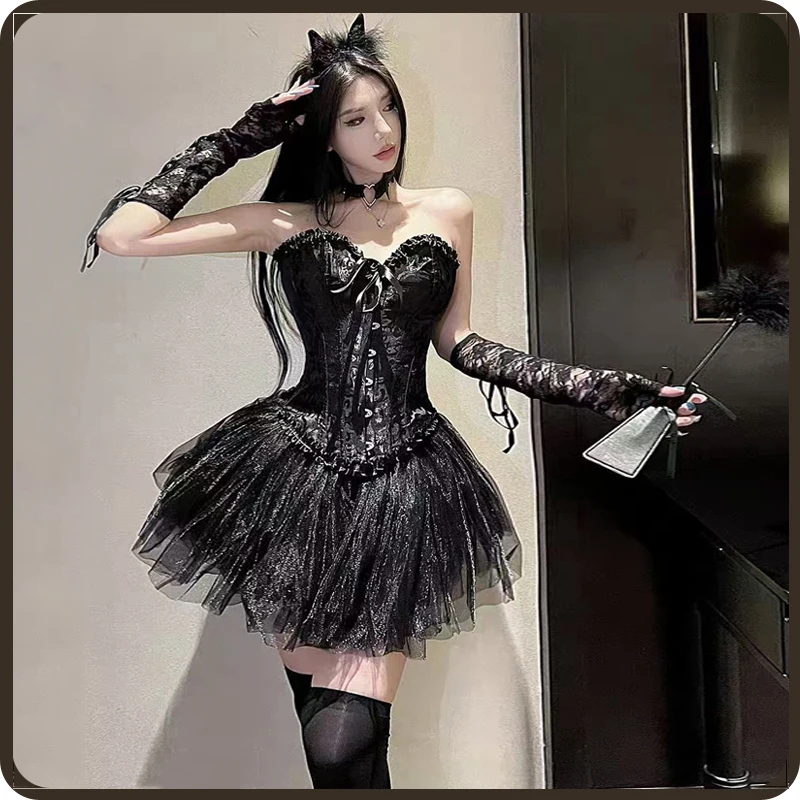 أزياء تنكرية بجعة سوداء للنساء ، ملابس الأميرة آلهة الداخلية ، أزياء هالوين مثيرة ، مشد عتيق ، حفلة موسيقية أداء وحفلة رقص