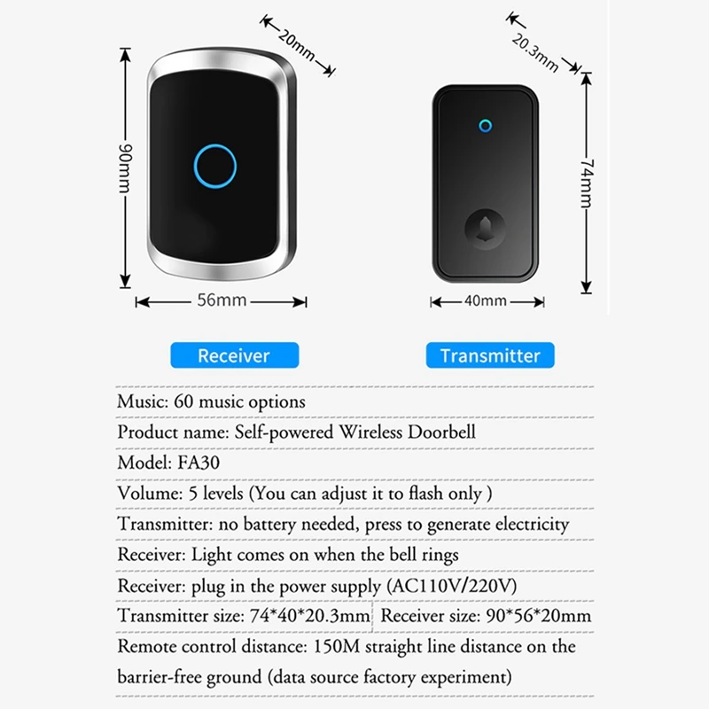 1Set Self Powered Waterproof Wireless Doorbell No Battery Home Cordless Door Bell EU Plug