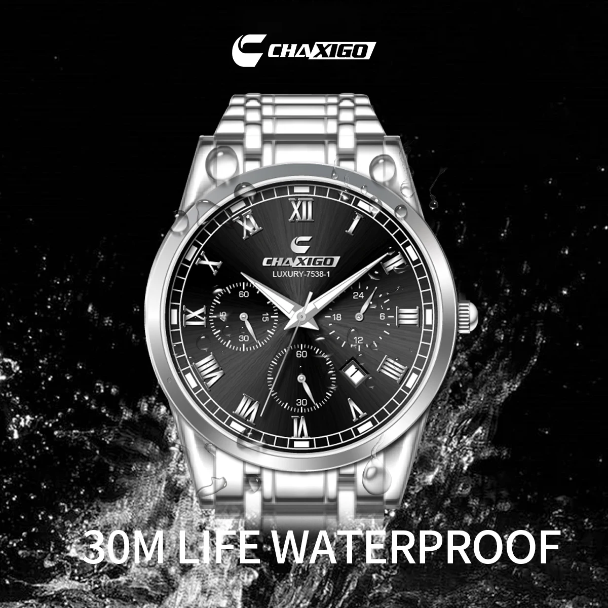 Luxury Men's Watch CHAXIGO Business Genuine Stainless Steel Waterproof Quartz Watch Fashion 40mm Large Dial Wristwatch Luminous