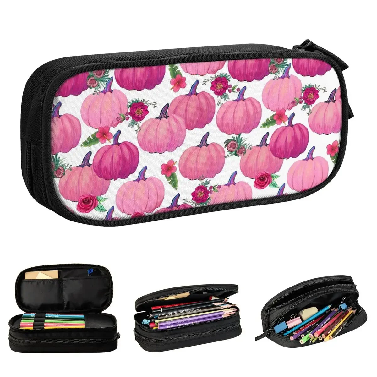 Lovely Pink Pumpkin Fall Halloween Pencil Cases Pencil Pouch Pen for Girls Boys Large Bags School Supplies Gifts Stationery