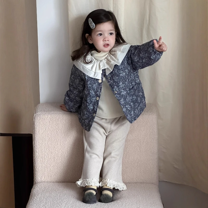 

2025 Winter New Children's Hot Selling Cute Retro Floral Ruffle Collar Thick Warm Cotton Clothing