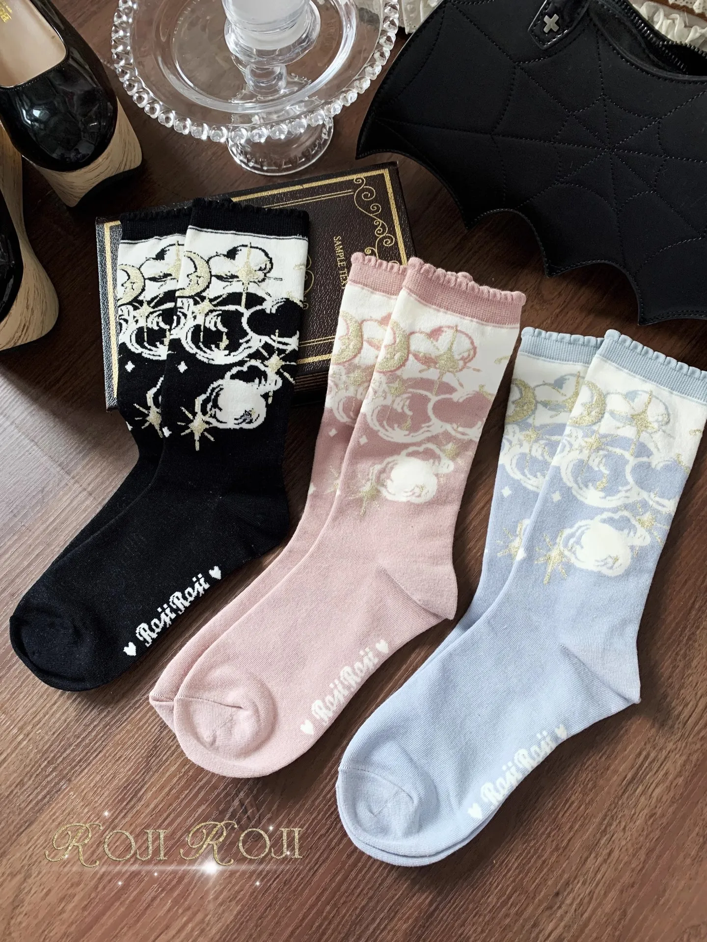 오리지널 스타 문 로리타 미드-칼프 양말 일본 가을 통기성 순면 리본 양말 여성용 따뜻한 슬림 레그 숏 양말