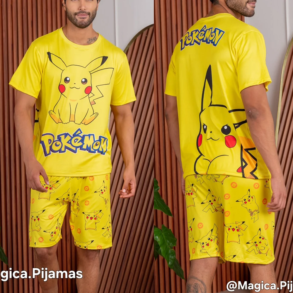 conjunto-de-t-shirt-e-shorts-de-verao-para-adultos-e-criancas-bandai-pikachu-pocket-monster-anime-rapido-secagem-leve-e-confortavel