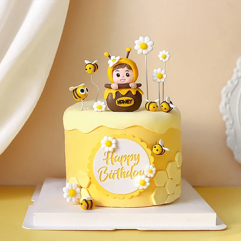 Forniture per la decorazione di torte animali dei cartoni animati Bee Felt Honey Happy Birthday Cake Toppers per la decorazione di torte di