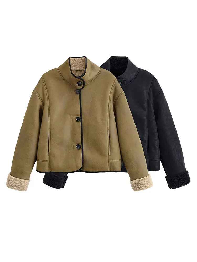 

TFAFXY Elegant Faux Fur Patchwork Women Loose Jacket Winter Warm Thick Long Sleeve Single Breasted Pockets Coat Y2K