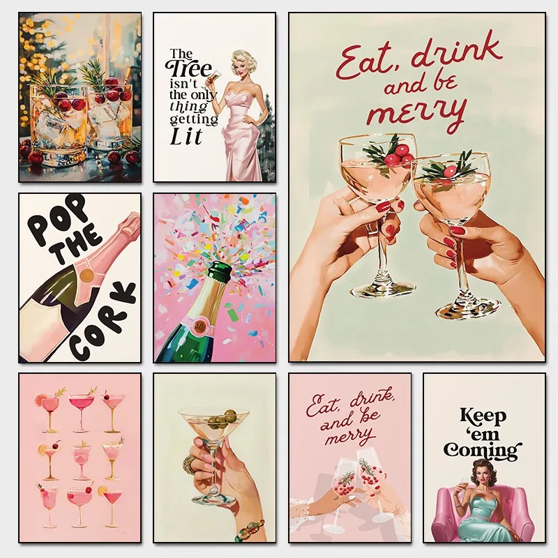 Pink Champagne Martini Bar Cart Wall Art Print Trendy Retro Woman Funny Quote for Christmas Holiday Cocktail Party Happy Hour