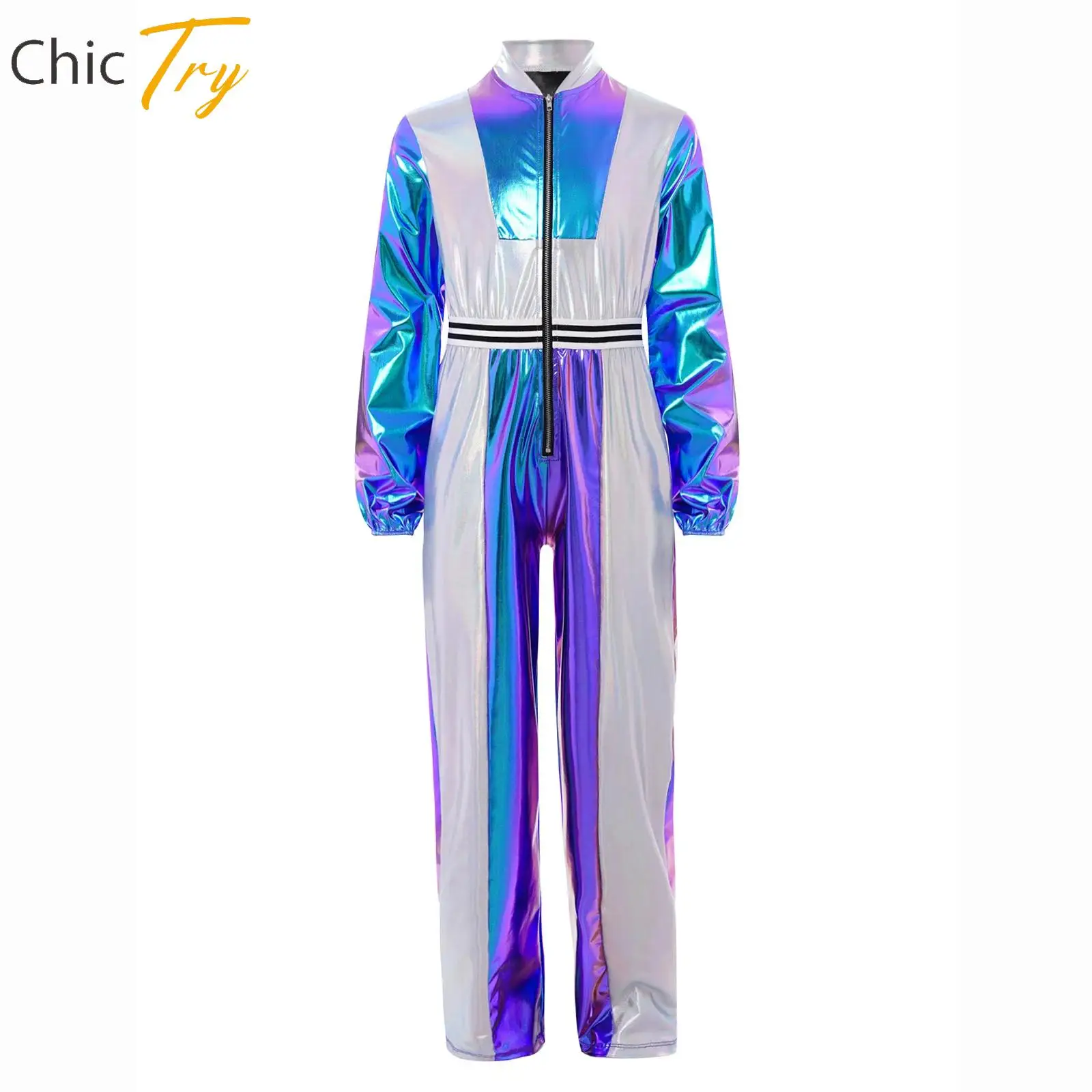 여아용 반짝이는 메탈릭 유니타드 점프수트 댄스웨어 체조 레오타드 무대 공연용 긴 소매 지퍼 바디수트