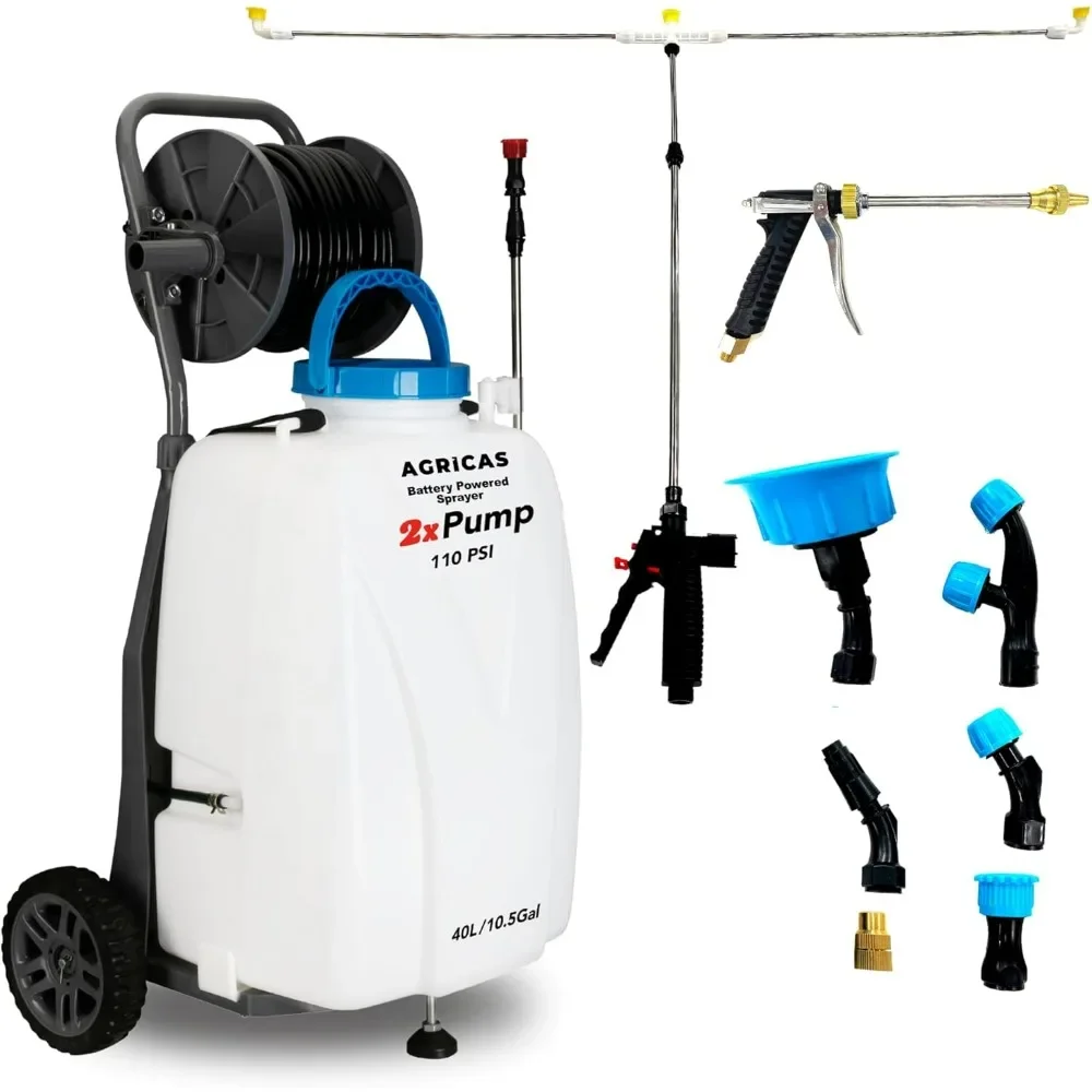 

10.5 Gal Battery Powered Sprayer, Double Professional Pump and Adjustable HD Wand and Nozzles, Portable Sprayer with Wheels