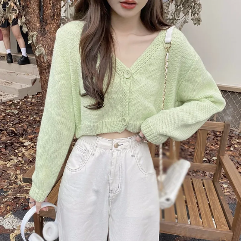 Y2k Nữ Áo Len Cardigan Dệt Kim Cắt Xén Ngắn Hàn Quốc Áo Thun Dài Tay Dáng Crop Top Nữ Cổ V Thời Trang Mặc Áo Vải