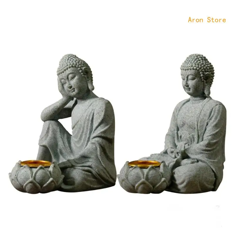 Buddhas Sculpture with Tealight Holder Seating Buddhas Stone Figurine Incenses Holder Meditation Statue Decors H3CF