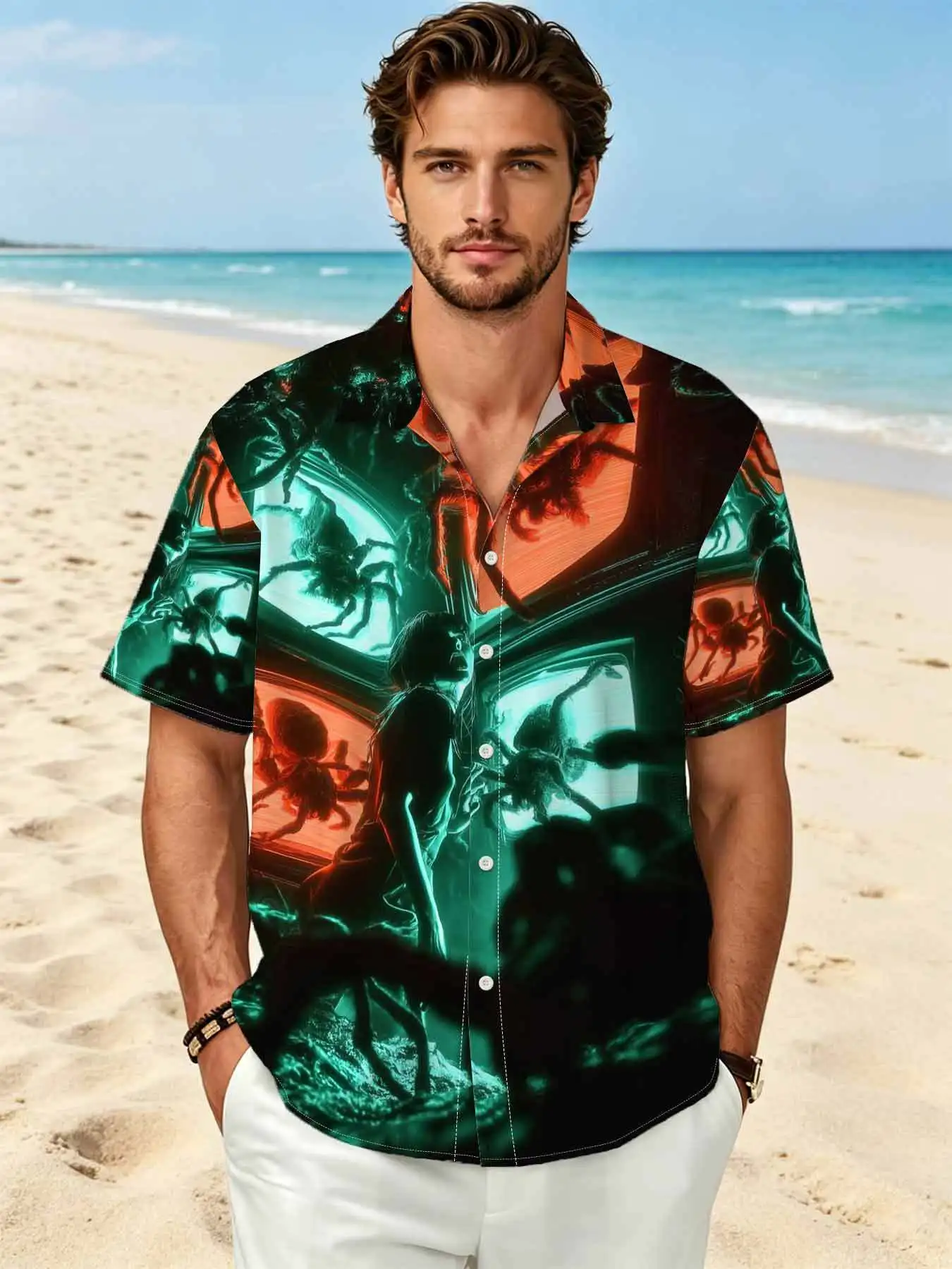 Men Halloween Spider Horror Window Print Short Sleeve Shirt Lapel Collar Button‑Up Polyester Party Blouse