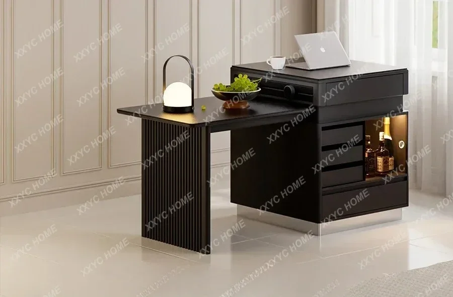 A  Retractable island platform light luxury rock slab dining table rock slab middle island table